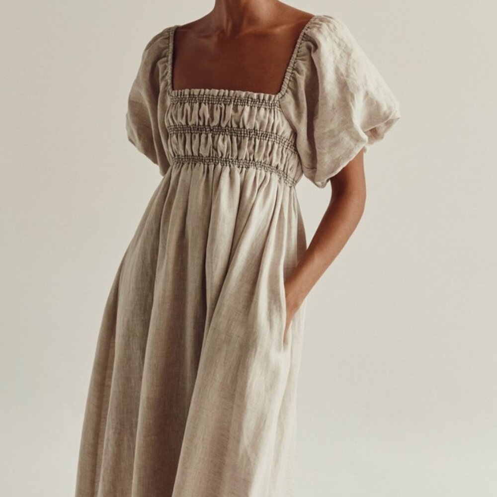 BIANCA NATURAL LINEN MIDI DRESS DISSH